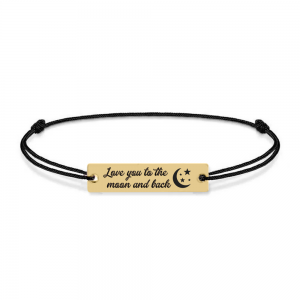 Bratara argint tablita 30 mm si snur negru - personalizata cu text - placat cu aur galben de 24 karate